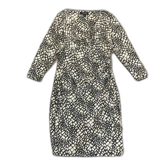 Lauren Ralph Lauren Ivory Gray Geo Print Faux Wrap Bodycon Ruched Dress Size 6 - Picture 3 of 14